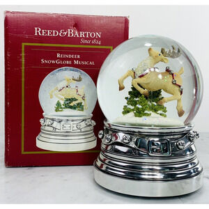 Reed & Barton 2009 Reindeer Snow Globe Musical 6.5" Silverplate Jingle Bells EUC
